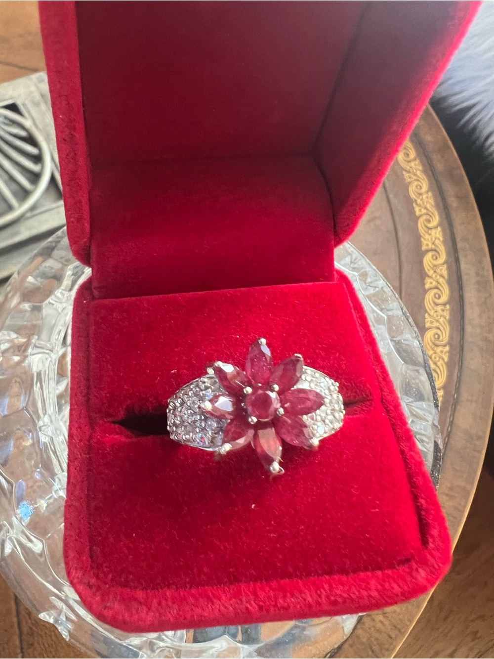 925 Sterling Red Flower Poinsettia Cluster Rubies Ring with Pavé Accents